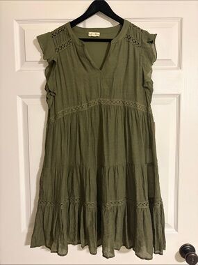 NWT Indigo Rose Olive Green Crochet Lace Flutter Sleeve Dress - Large Petite